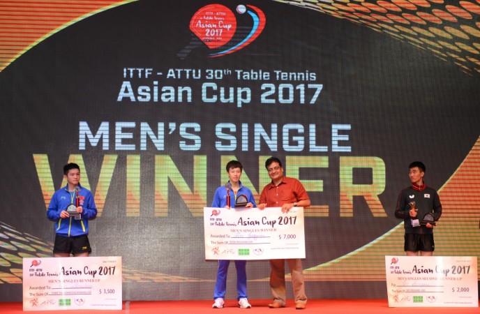 From left: Fan Zhendong (runner-up), Lin Gaoyuan (winner), Gujarat State Table Tennis Association (GSTTA) president Vipul Mittra and Lee Sangsu (third placed) at the Asian Cup awards ceremony. Table Tennis