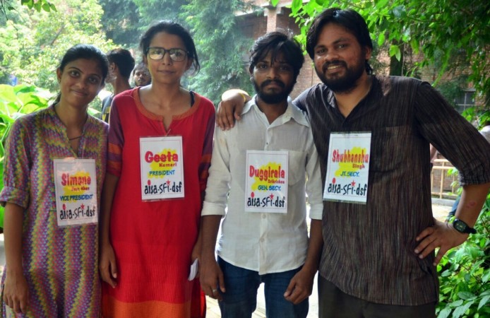 Newly elected JNUSU office bearers - Geeta (AISA) is President (second from left) Geeta Kumari