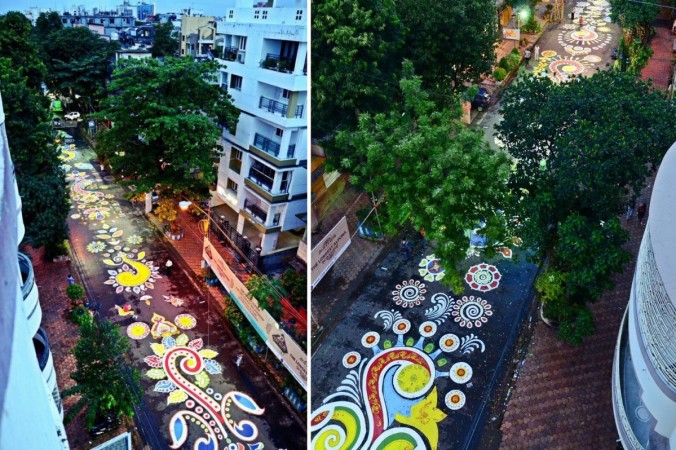 Over 1 km long street alpona (rangoli) by art students in Kolkata Rangoli, Mahalaya, Durga Puja