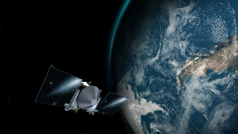This artist's concept shows the OSIRIS-REx spacecraft passing by Earth. nasa, OSIRIS-REx, asteroid, Bennu, Earth, space,