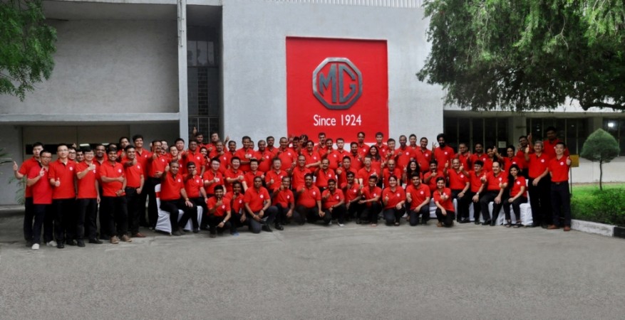 Employees celebrate the inauguration of MG Motor India's first manufacturing facility in Halol, Gujarat MG Motor India