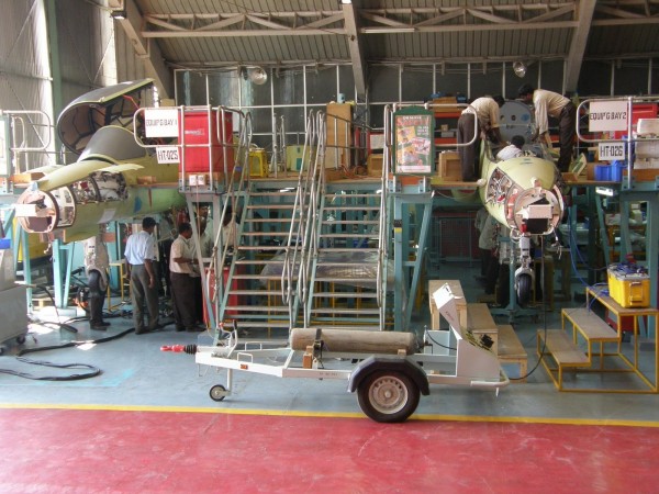 A view of Hindustan Aeronautics Ltd's Hawk assembly line. The Hawk is a tandem-seat aircraft for ground attack, flying training and weapon training, powered by an Adour Mk 871 turbofan engine. HAL Hawk assembly