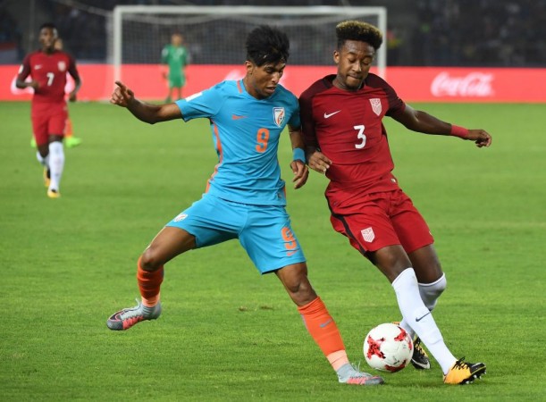 India's Aniket Jadhav (L) in action on the opening day of FIFA U-17 World Cup 2017 Aniket Jadhav