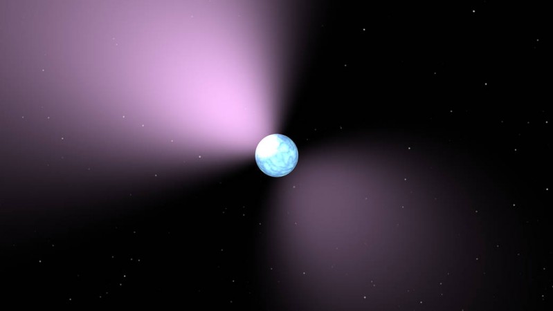This artist's concept shows a pulsar, which is like a lighthouse, as its light appears in regular pulses as it rotates. Pulsars are dense remnants of exploded stars, and are part of a class of objects called neutron stars. Pulsar, nasa,