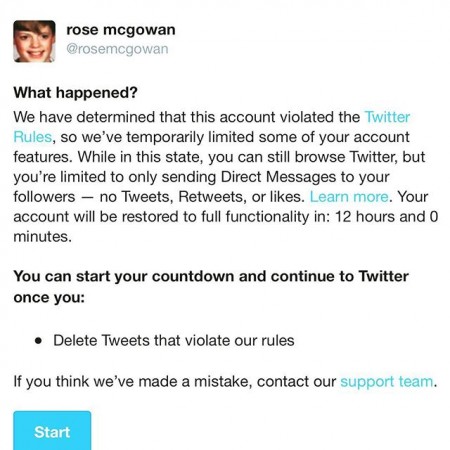 Rose McGowan posted a screenshot of the notice she received from Twitter after it temporarily blocked her account. Rose mcGowan