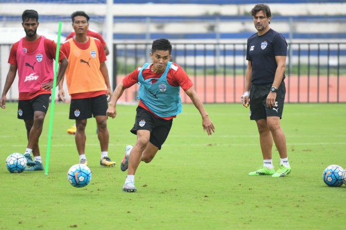 Bengaluru FC skipper Sunil Chhetri in training at the Kanteerava Stadium, ahead of their clash against FC Istiklol on Wednesday. bengaluru fc