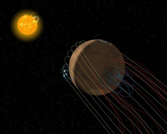 Artist's conception of the complex magnetic field environment at Mars. Yellow lines represent magnetic field lines from the Sun carried by the solar wind, blue lines represent Martian surface magnetic fields, white sparks are reconnection activity, and red lines are reconnected magnetic fields that link the surface to space via the Martian magnetotail. nasa, Mars, magnetic tail, space,