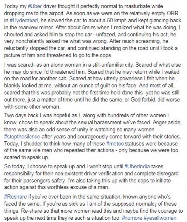 The Facebook post of the sexual assault. Uber sexual assault