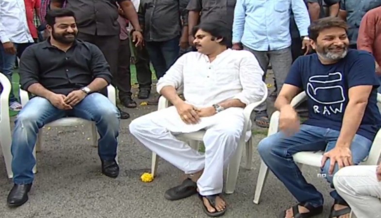 Pawan Kalyan at Jr NTR and Trivikram Srinivas' movie launch Jr NTR, Pawan Kalyan and Trivikram Srinivas