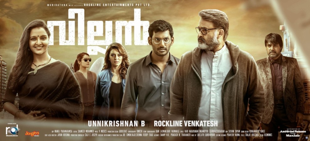 Manju Warrier, Raashi Khanna, Hansika Motwani, Vishal, Mohanlal and Srikanth in Villain movie. Villain, Mohanlal, B Unnikrishnan, Hansika Motwani, Vishal