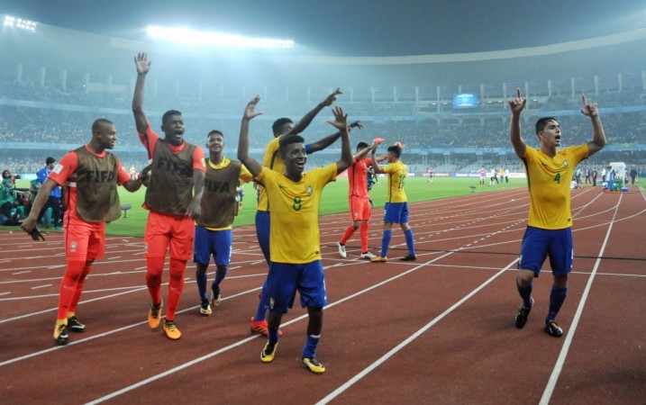 Brazilian players celebrate after winning their FIFA U17 World Cup 2017 Quarter Final match against Germany at Salt Lake Stadium in Kolkata, on Oct 22, 2017 fifa u17 world cup