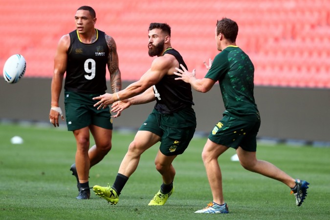 Josh Mansour passes during an Australian Kangaroos Rugby League World Cup training session at Suncorp Stadium in Brisbane rugby, australia