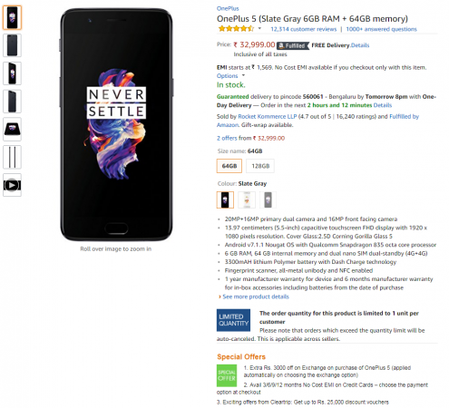 A screenshot of the OnePlus 5 page on Amazon.in with the OnePlus 5