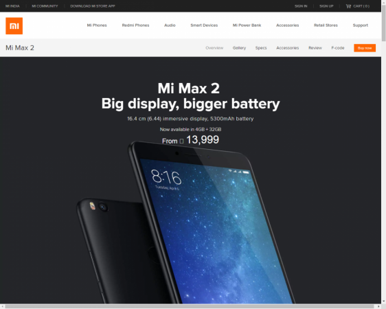 Xiaomi Mi Max 2 as seen on its official site (screenshot) Xiaomi Mi Max 2