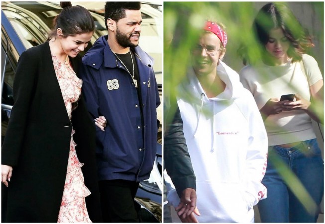 Selena Gomez with The Weeknd (L) and Selena Gomez spotted hanging out with Justin Bieber recently (R). jelena