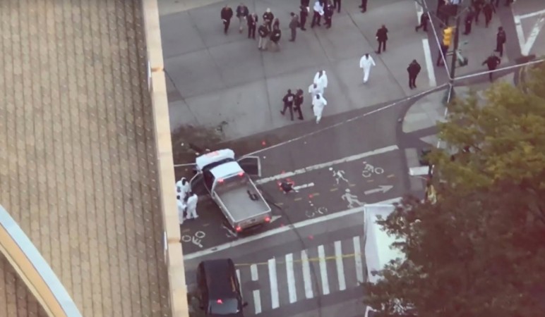Bodies are seen near the scene of a pickup truck attack in Manhattan, New York, U.S., October 31, 2017 in this picture obtained from social media. new york terror attack