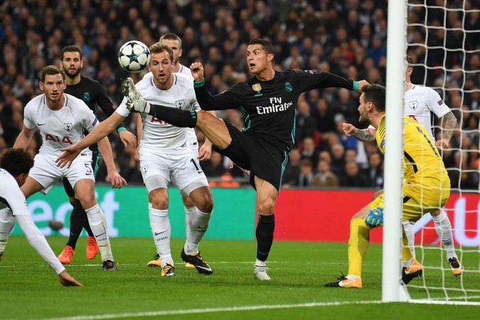 Cristiano Ronaldo of Real Madrid and Harry Kane of Tottenham Hotspur battle for the ball during the UEFA Champions League group H match between Tottenham Hotspur and Real Madrid at Wembley Stadium on November 1, 2017 in London, United Kingdom cristiano ronaldo, real madrid, tottenham