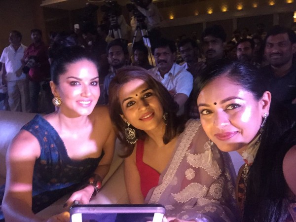 Shraddha Das with Sunny Leone and Pooja Kumar at PSV Garuda Vega event Shraddha Das with Sunny Leone and Pooja Kumar at PSV Garuda Vega event