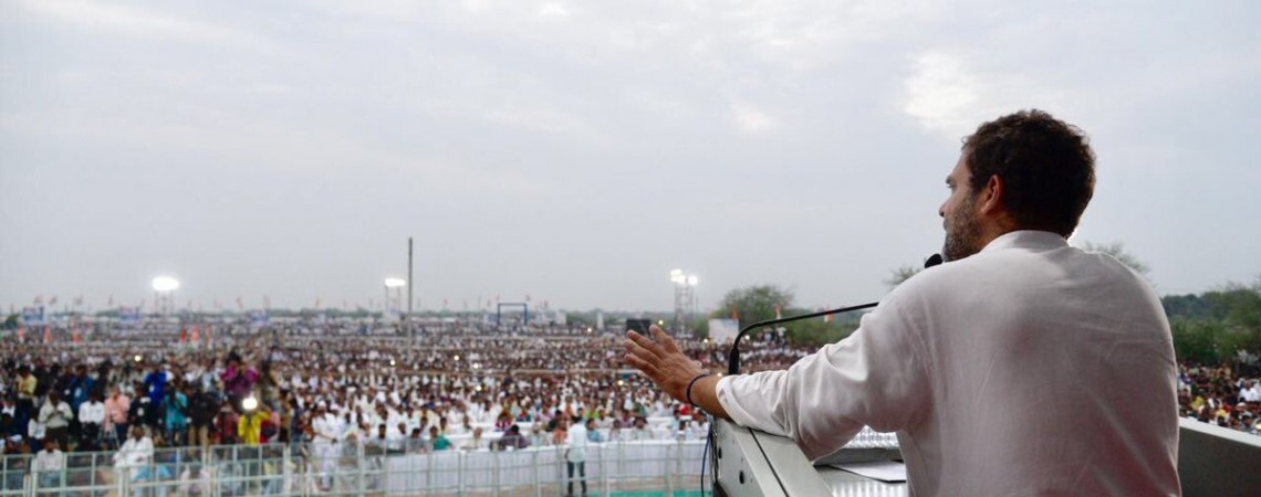 Congress Vice President, Rahul Gandhi addresses a rally in Gujarat during his Navsarjan Yatra. Rahul Gandhi
