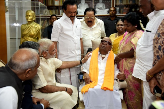Prime Minister Narendra Modi calls on DMK President M. Karunanidhi to enquire about his health at his residence in Gopalapuram in Chennai on Nov 6, 2017. Modi meets Karunanidhi