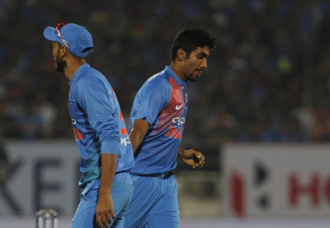 Bumrah (right) and Axar Patel are pictured during the third T20I between India and New Zealand in Thiruvananthapuram. Jasprit Bumrah