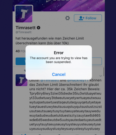 Twitter had suspended the account @Timrasett for some time after the exploit. Twitter