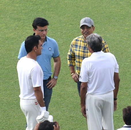 Indian cricketer MS Dhoni, Cricket Association of Bengal (CAB) President Sourav Ganguly, legendary India cricketer Kapil Dev and director Arindam Sil during a shooting at the Eden Gardens in Kolkata on Nov 9, 2017 kapil dev, ms dhoni