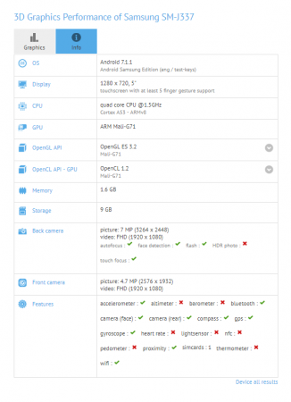 The Samsung SM-J337 specifications as listed on GFXBench Samsung Galaxy J3 (2018) GFXBench
