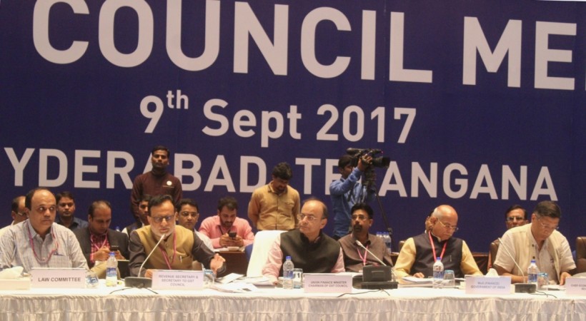 Union Finance Minister Arun Jaitley at the 21st GST Council meeting in Hyderabad on Sept 9, 2017. Also seen Union MoS Finance Shiv Pratap Shukla, Revenue Secretary Hasmukh Adhia and Chief Economic Adviser Arvind Subramanian. arun jaitley