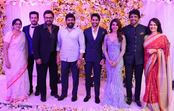 Chiranjeevi and Venkatesh at Naga Chaitanya-Samantha's wedding reception. Chiranjeevi and Venkatesh at Naga Chaitanya-Samantha's Wedding Reception