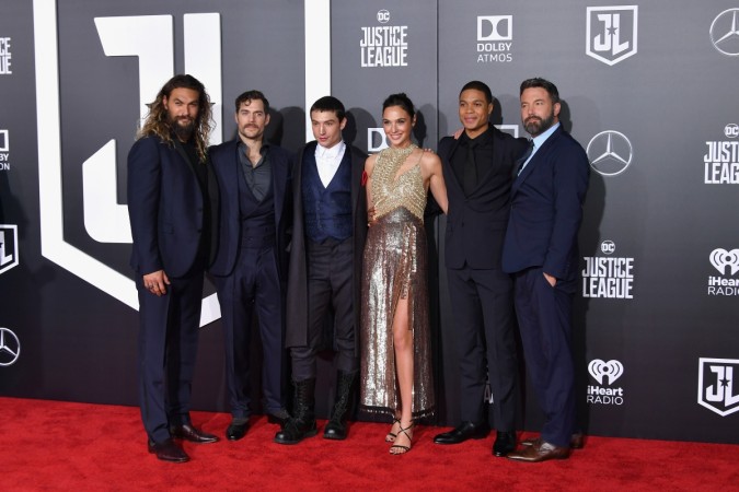 Cast of Justice League at the world premiere: From the Left - Actors Jason Momoa, Henry Cavill, Ezra Miller, Gal Gadot, Ray Fisher, and Ben Affleck Justice League