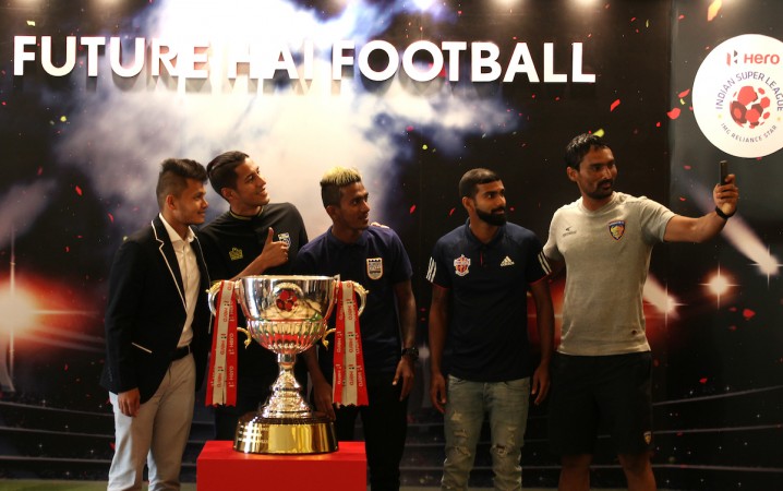 (L-R) Nishu Kumar of Bengaluru FC, Arata Izumi of Kerala Blasters FC, Abinash Ruidas of Mumbai City FC, Kean Lewis of FC Pune City and Karanjit Singh of Chennaiyin FC indian super league, isl