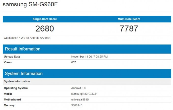 The leaked benchmark test results of the Samsung Galaxy S9. Samsung Galaxy S9 benchmarks