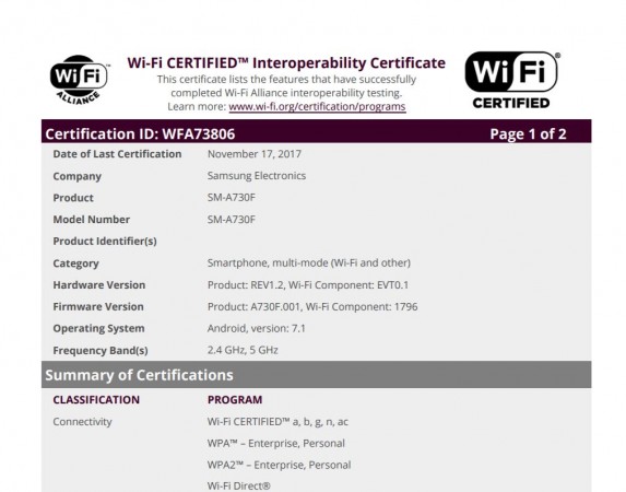 Samsung's 2018-series Galaxy A7, A5 get Wi-Fi certification: New Android phones launch imminent Samsung, Galaxy A7, 2018, SM- A730F, Wi-Fi Alliance, certifications