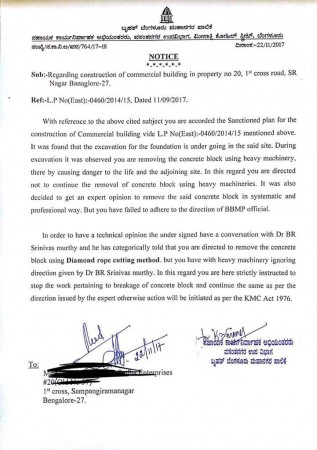 The second notice issued by BBMP to the errant builder. Yielded ZERO result BBMP Notice to builder