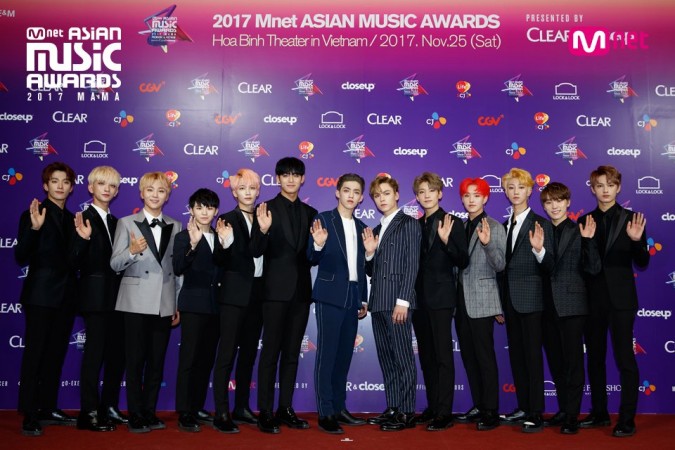 The members of K-Pop boy band SEVENTEEN at Mnet Asian Music Awards 2017. MAMA 2017