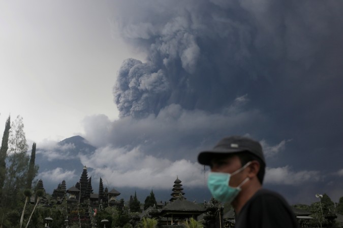 Mount Agung volcano erupts as seen from Besakih Temple in Karangasem, Bali, Indonesia Bali volcano