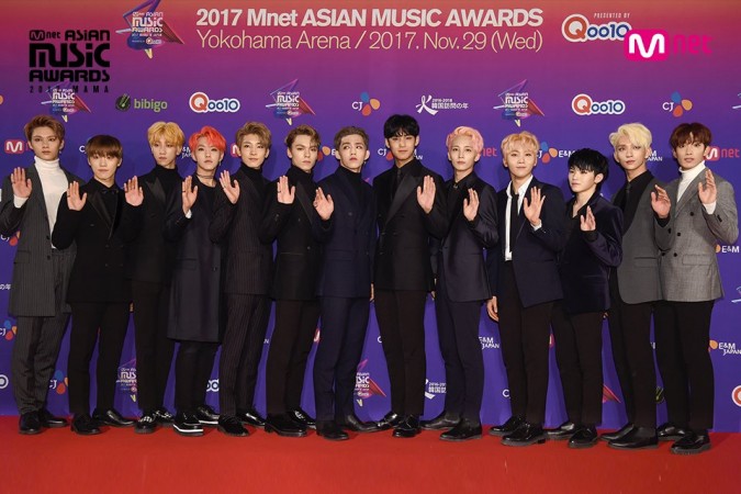 The members of popular K-Pop boy band Seventeen at the Mnet Asian Music Awards 2017 in Japan. MAMA 2017