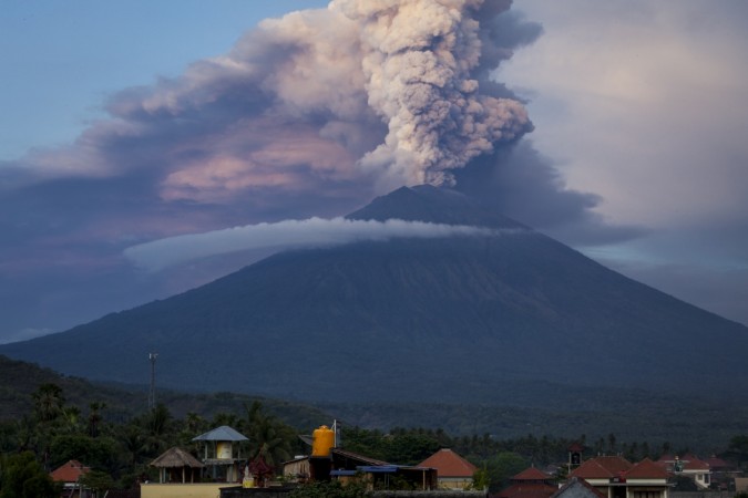 General view of Mount Agung during an eruption while spewing volcanic ash into the sky on November on November 28, 2017 Bali volcano
