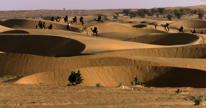 Indian soldiers on camels on the dunes in the Thar desert in Rajasthan Rajasthan