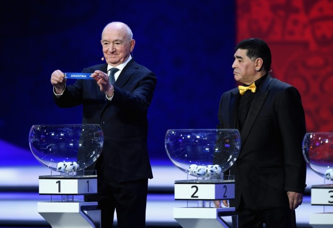 Nikita Simonyan draws Argentina, as the legendary Diego Maradona looks on during the Final Draw for the 2018 FIFA World Cup Russia at the State Kremlin Palace on December 1, 2017 in Moscow, Russia fifa world cup