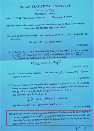 Indian statistical institute used the word COVFEFE in question number 5. Representational Image