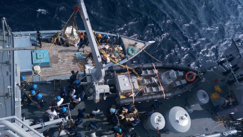 Rescue and relief operations by Indian Navy, Indian Coast Guards and the Indian Air Force underway. Relief material being off loaded by boats for Minicoy ICJ IN IAF