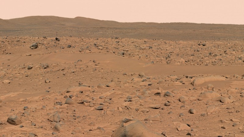 An image of the Martian surface taken by the Mars Exploration Rover Spirit panoramic camera. Mars