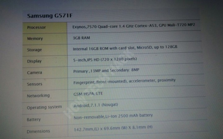 Leaked specs sheet of Samsung Galaxy J5 Prime (2017). Samsung Galaxy J5 Prime (2017)