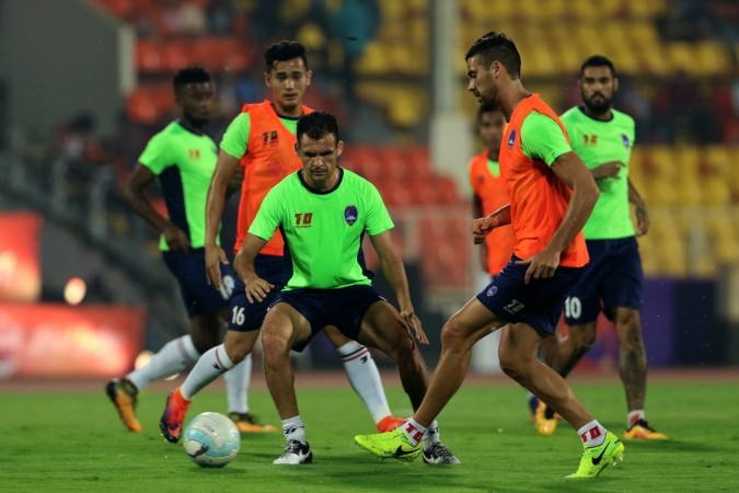 Delhi Dynamos FC players during a practice session ahead of an ISL match against Jamshedpur FC at Jawaharlal Nehru Stadium in New Delhi delhi dynamos, isl