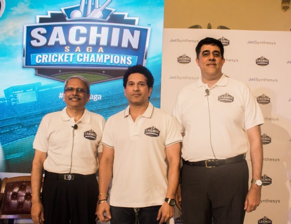 From left: Kris Gopalakrishnan, Non-Executive Chairman, JetSynthesys, Sachin Tendulkar, Rajan Navani, Managing Director and Vice Chairman, JetSynthesys at the launch of Tendulkar's mobile game in Bengaluru on Thursday (December 7). Sachin Tendulkar mobile game