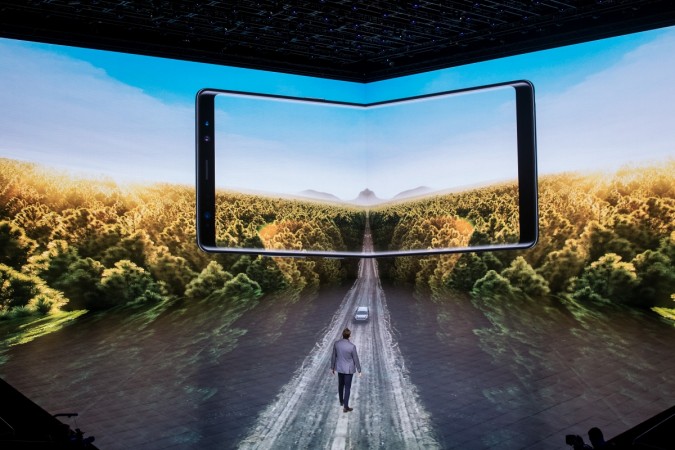 Justin Denison, senior vice president of product strategy at Samsung, speaks about the during new Samsung Galaxy Note8 smartphone and its infinity screen feature during a launch event for the product, August 23, 2017 in New York City. Samsung Galaxy Note 8