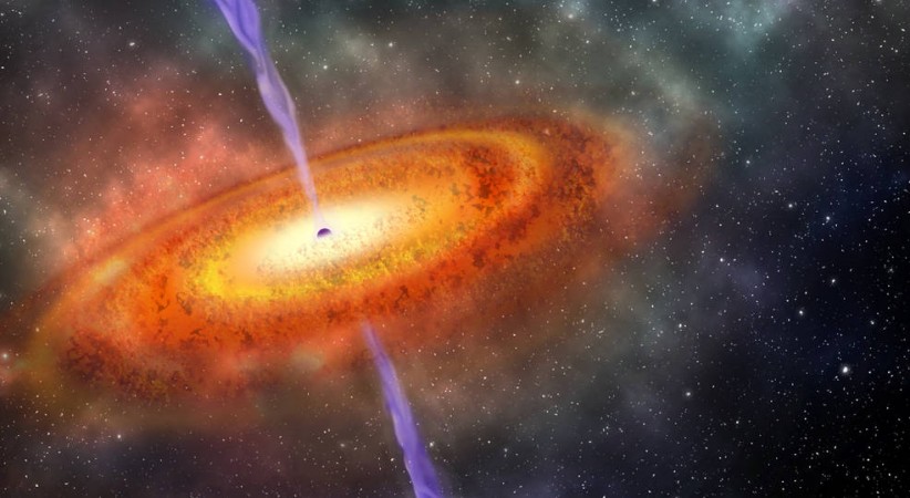 This artist's concept shows the most distant supermassive black hole ever discovered. It is part of a quasar from just 690 million years after the Big Bang. supermassive black hole,