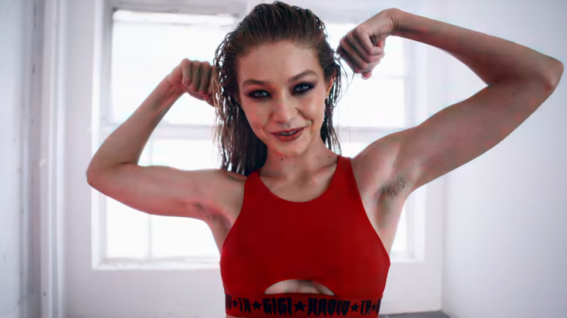 Gigi Hadid sporting armpit hair in the LOVE Advent Calendar. gigi hadid